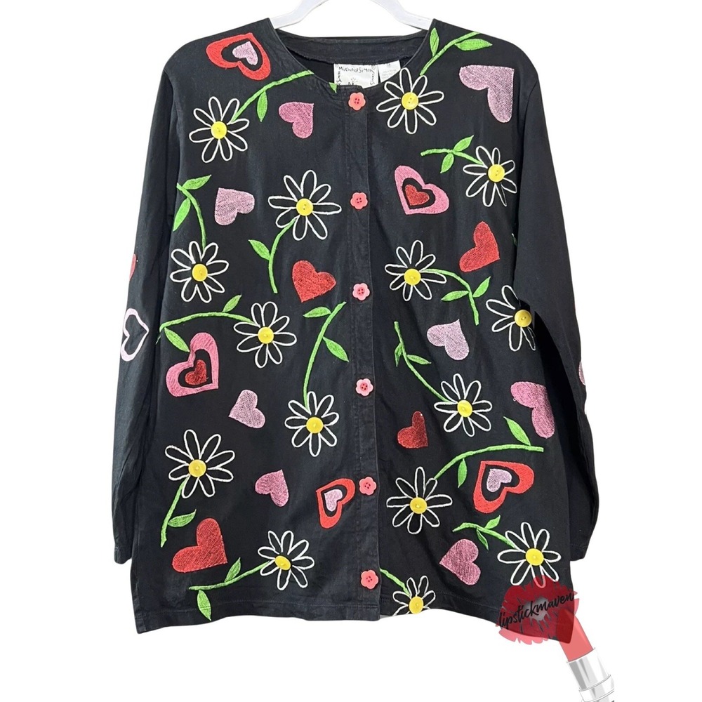 Michael Simon Lite Cardigan Women Medium Black Floral Embroidery Sweater Boho